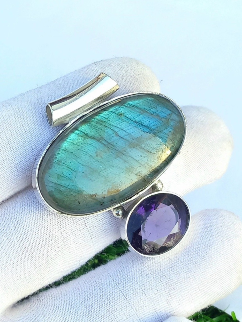 Artisan Labradorite Amethyst 925 Sterling Silver Pendant Necklace